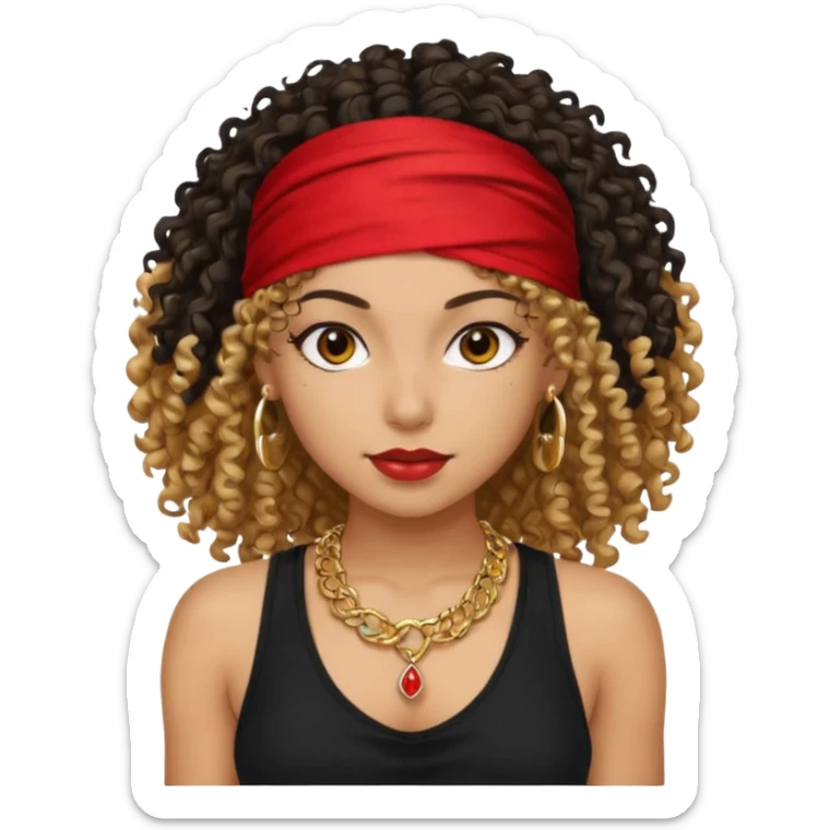 Baddie girl with black  tank top curly hairss and bandana and jwellery face only not body sticker