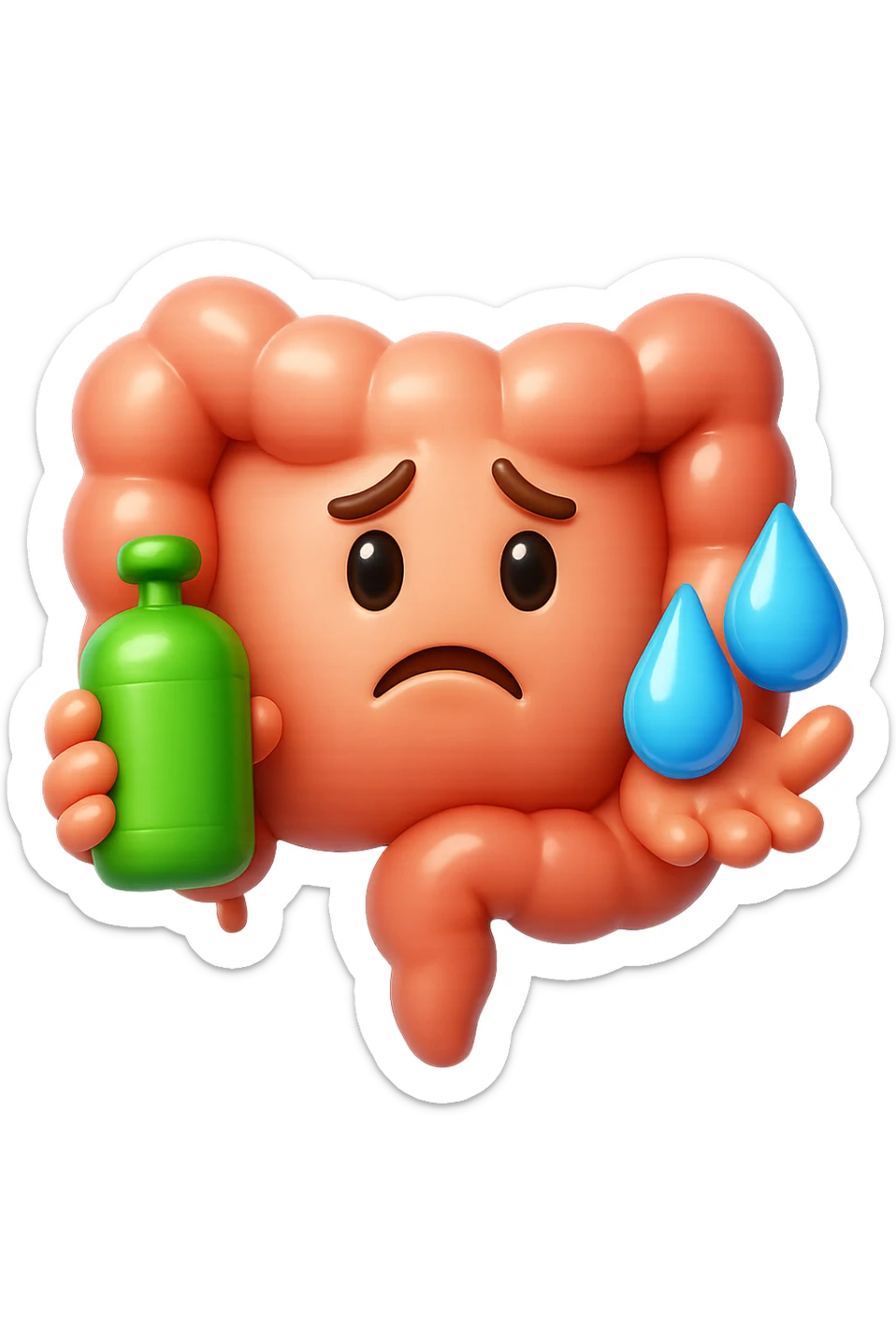 EMOJI STILE IPHONE DI un'intestino preoccupato che ha una bombola di gas in mano e due gocce di acqua in 3d nell'altra mano, IPERREALISTICO 4K sticker