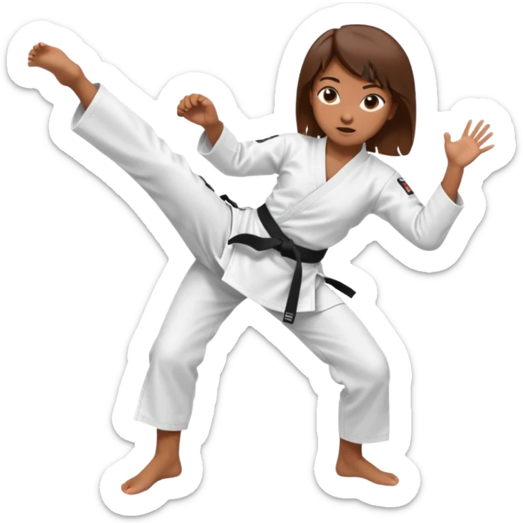Ragazza castana che pratica karate, ha la cintura nera ed io tradizionale kimono bianco del karate, tira un calcio laterale  sticker