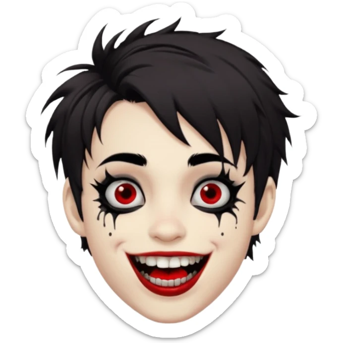 Laughing pale Goth boy with a bunch of face piercings, with shaggy dark brown hair, and messy black eyeliner , smudged, red, lipstick  sticker