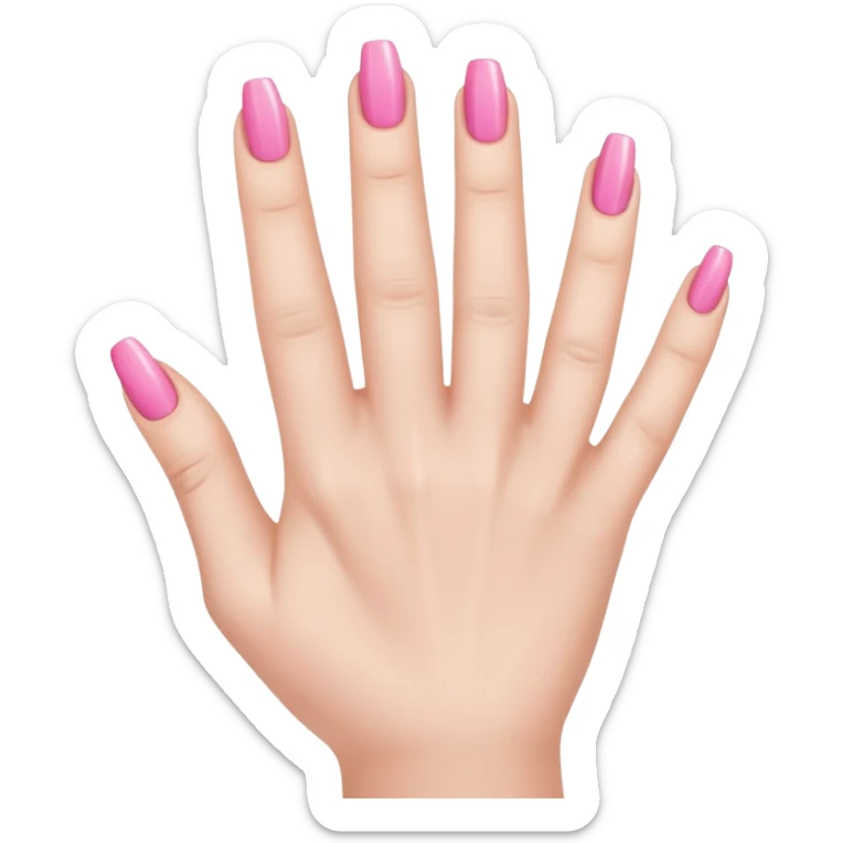  pink  close-up of a human hand with exactly five fingers, beautifully manicured nails, glossy pink nail polish, elegant nail shape, soft lighting, realistic style, isolated on transparent background" sticker