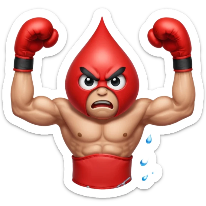 Gota de agua con cara de enfado y unos guantes de boxeo, que tenga brazos y piernas musculados sticker