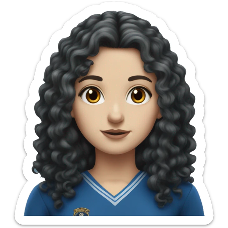Hyper realistic White girl with long black curly hair wearing a ravenclaw school inform sticker