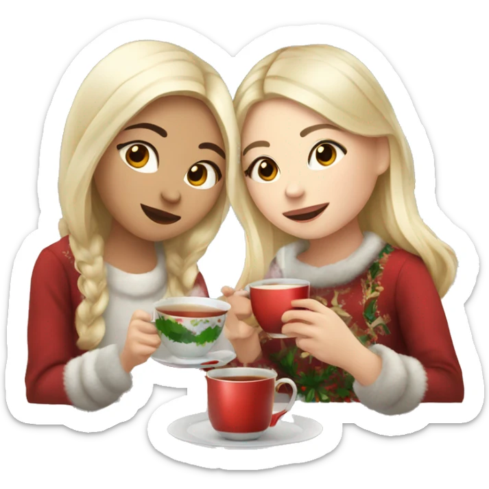 Russian blonde girl and Asian girl drinking tea at Christmas time sticker