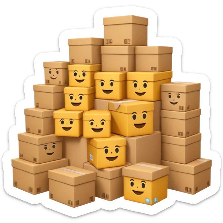 Generate a realistic emoji-style of a overfilled storage room where the packages dont have much space and falling over sticker