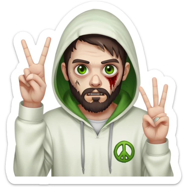 zombie making peace sign, undercut hairstyle with dark brown hair, short full beard, heterochromia with one green eye and one brown eye, wearing plain white hoodie with hood up sticker