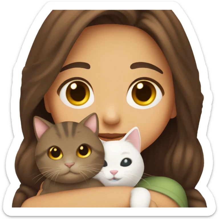 Creat a girl with brown hair and brown eyes smiling holding a cat cuddling it  sticker