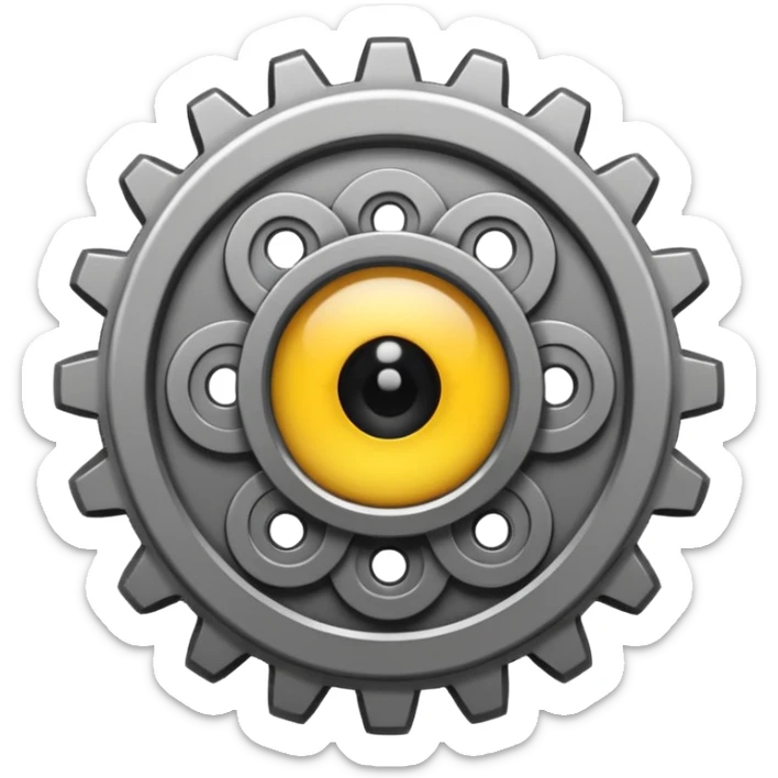 Minimalist emoji-style sticker of a mechanical gear with a realistic eye in the center. Flat graphic icon in grayscale. sticker