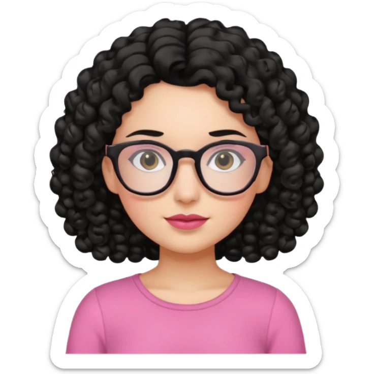 Fair girl with curly black hair and glasses wearing a pink top sticker