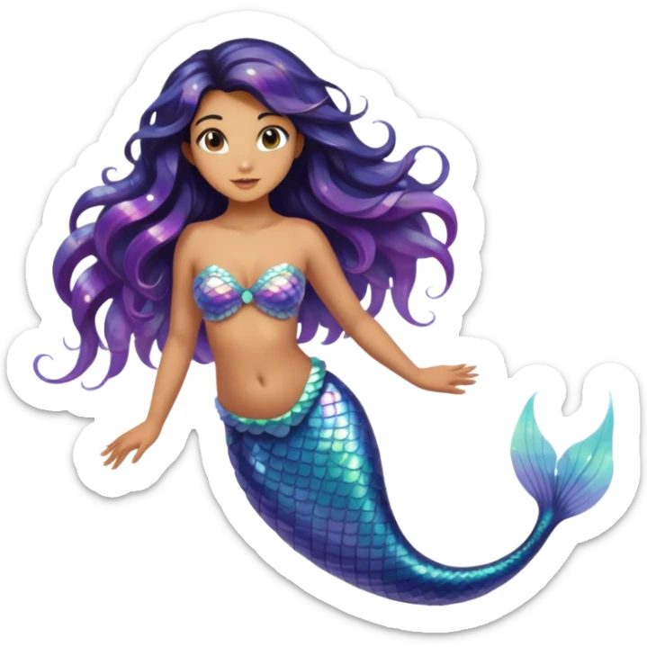 A dark haired mermaid with olive skin, a holographic tail and hazel eyes swimming in ocean sticker