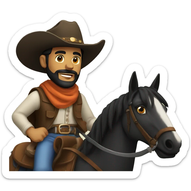 man with black beard and black eyes wearing a cowboy hat riding on his horse in front of a campfire holding a shotgun sticker