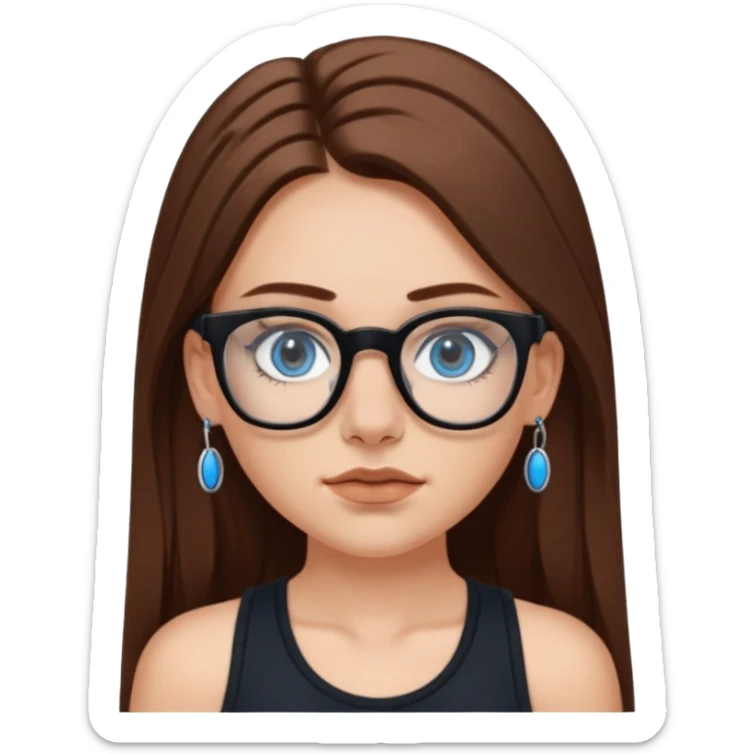 WHITE girl with long brown hair, part going more to the RIGHT side, BLUE eyes, wearing BLACK rectangle plastic frame glasses. SEPTUM nose piercing hoop (at bottom of nose) AND stud nose piercing on right side of nose. Wearing BLACK tank top. sticker