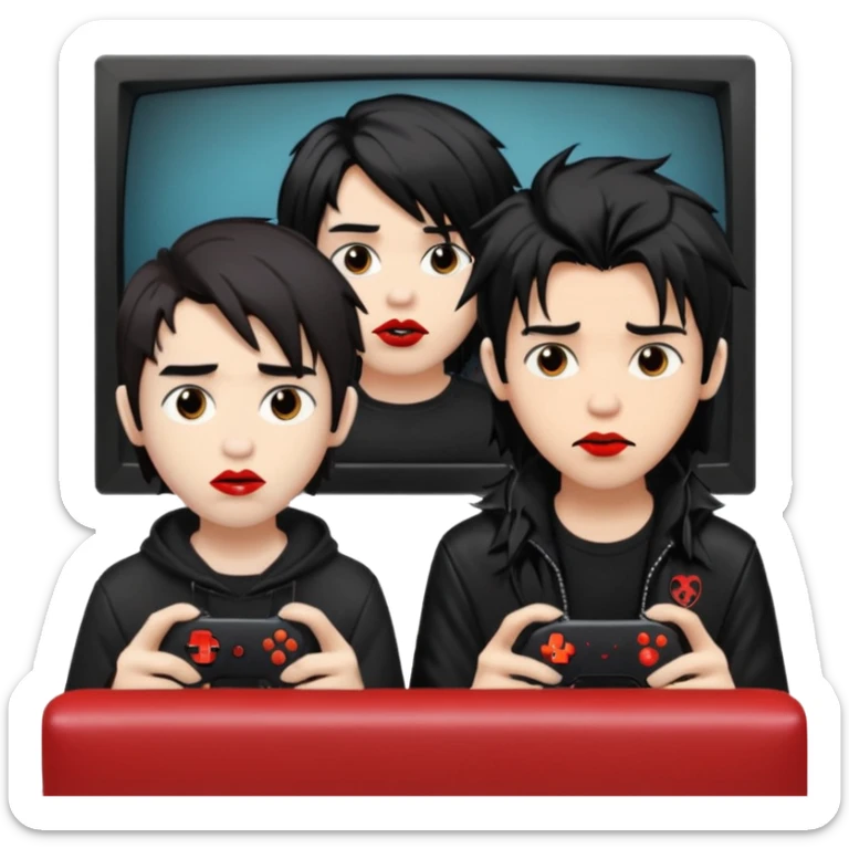 pale Goth boy with a bunch of face piercings, with shaggy dark brown hair, smudged red lipstick next to a Carmel  skin gamer boy with long black hair , they are watching tv together  sticker