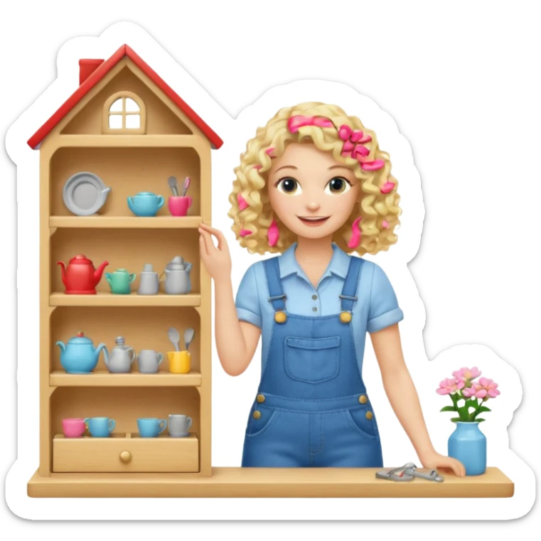 smiling blonde curly woman arranging furniture in doll house with overalls sticker