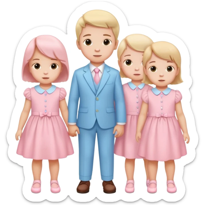 triplet toddlers with two girls in pastel pink clothes on each side and a boy in pastel blue suit in the middle sticker