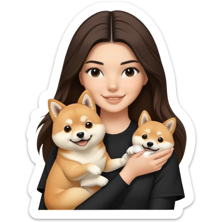 brunette Kendall Jenner with long hair holding on the hands a smile Shiba Inu wear on black shirt sticker