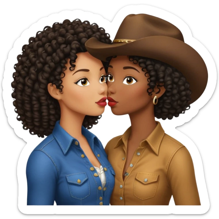 Tall black cowgirl kissing short curvy beautiful black woman with curly hair sticker