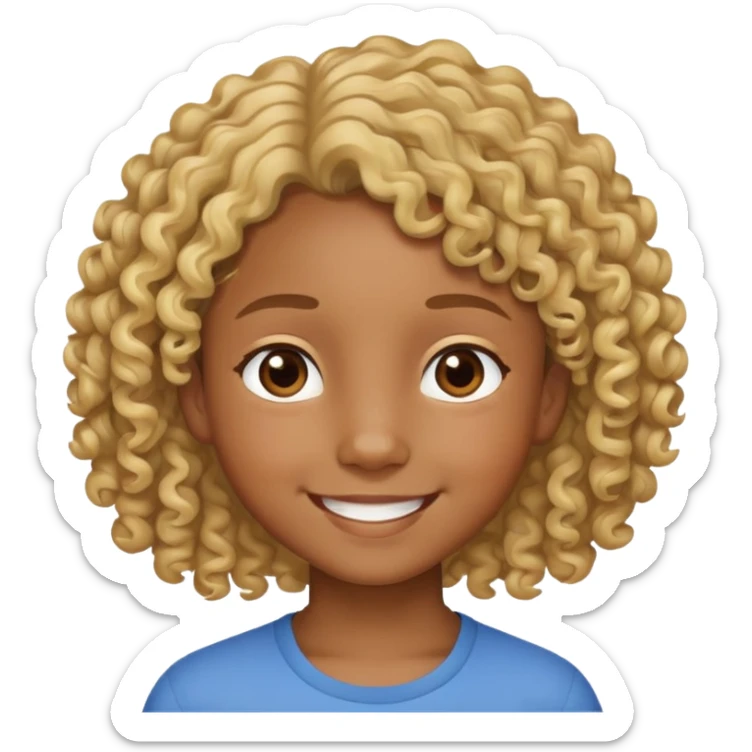 "- Nam
- 10 tuổi
- Da nâu
- Tóc ngắn, xoăn, vàng
- Cười tươi
" sticker