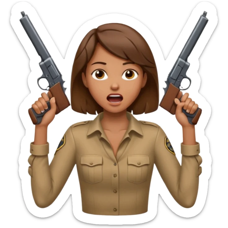 the woman emoji with brown hair and tan skin choking herself  with both hands around her neck with her mouth open and two arms from behind her holding a gun in each hand point directly at her head sticker