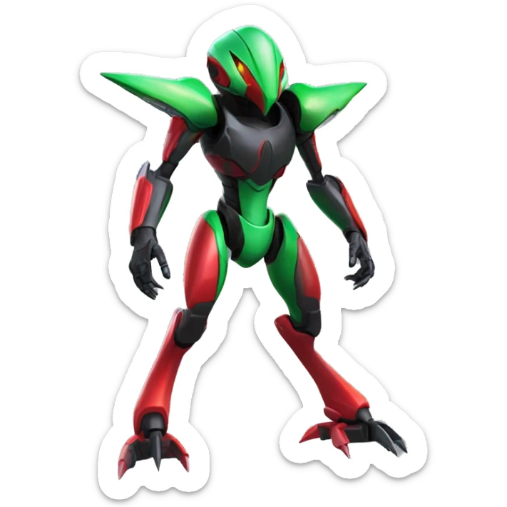 a shiny black-green-red Genesect-Flygon-Raptor-Fakémon-Medabot-hybrid with a futuristic visor-helmet full body sticker