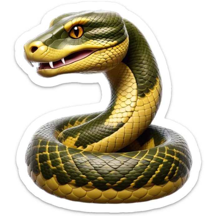 Cinematic Noble Anaconda Portrait Emoji, Poised and imposing, with a massive, sinuous build draped in intricately patterned scales and piercing, focused eyes, Simplified yet sharp and sophisticated features, highly detailed, glowing with a soft, earthy glow, high shine, intelligent and formidable, stylized with an air of primal elegance, focused and mysterious, soft glowing outline, capturing the essence of a watchful jungle guardian that feels as though it could coil out of the screen with effortless authority! sticker