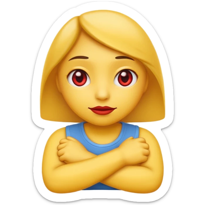 crate a yello emoji crossing its arms with red eyes looking to the side and stright lips sticker