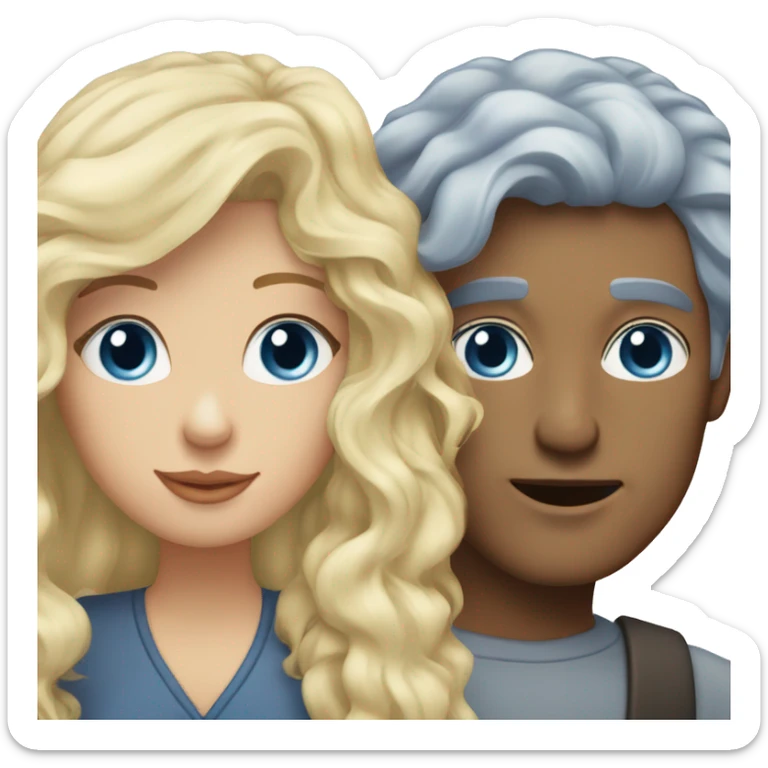 Women with long blond wavy hair with blue eyes kissing a man with grey short hair and blue eyes sticker