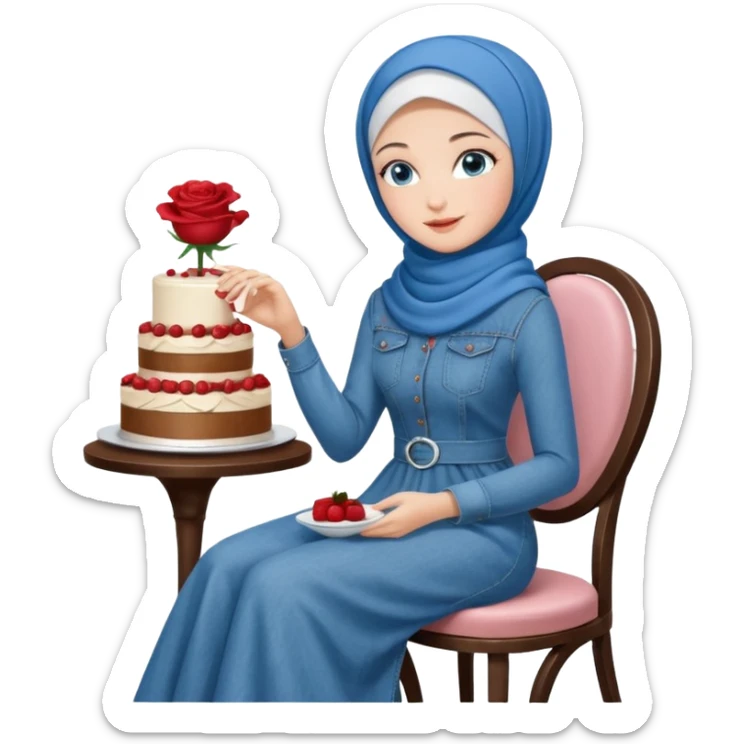 Turkish beautiful finish Konya girl blue eyes with denim hijab long tail dress and sits on the modernized white coffee house on a white chair and holds rose cake with her hand  sticker