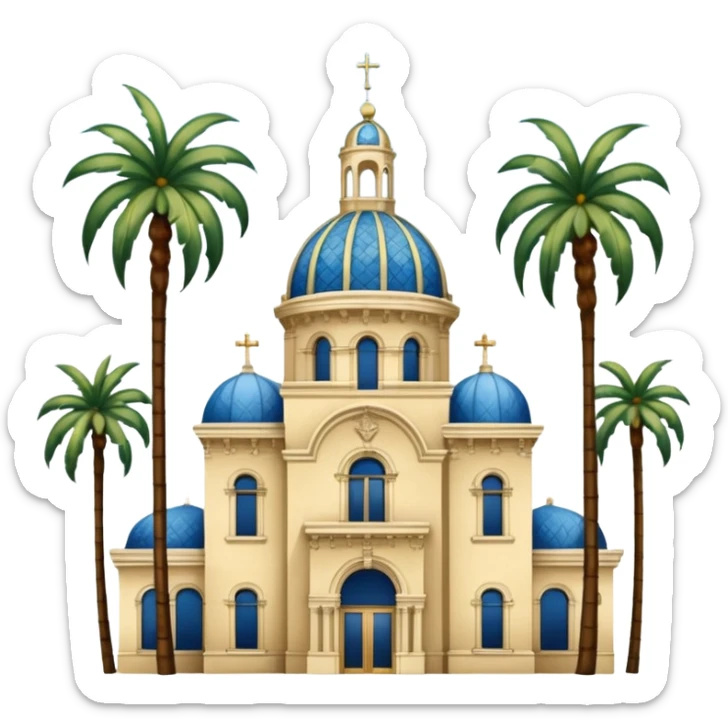 California Building with ornate blue, gold, and green tile dome and adjoining slender California Tower, Spanish Colonial Revival style, baroque details, palm trees, simple, no text, white background, version 4 sticker