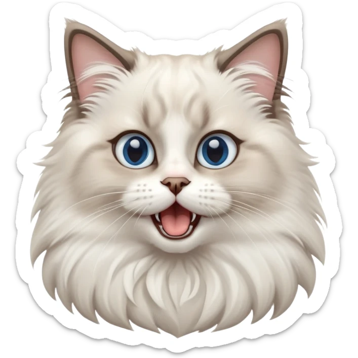 cinematic-adorable-big-eyed-fluffy-ragdoll-cat-portrait-emoji,-head-tilted-playfully-with-a-cute,-yawn,-white and grey fur,-simplified-yet-irresistibly-cute-features, blue eyes sticker