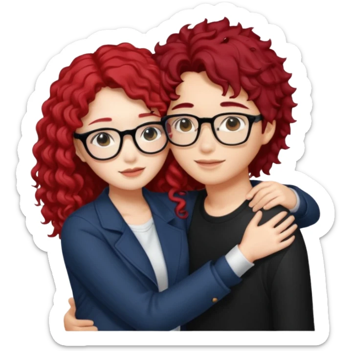 une star de Kpop asiatique avec les cheveux noir  qui fait un câlin a une fille qui a des lunette et des cheveux rouge et bouclé  sticker