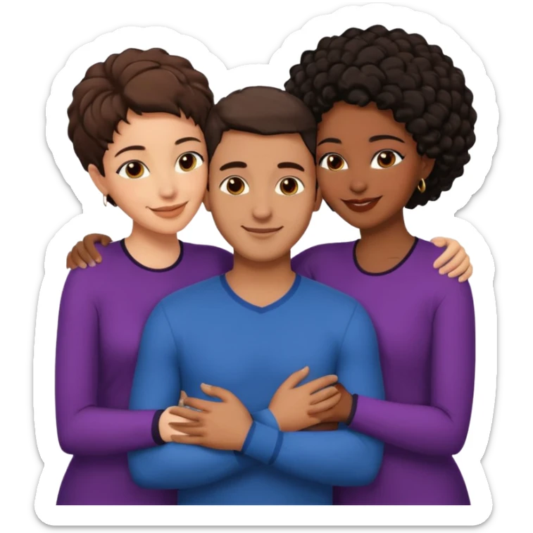  middle Eastern man with short brown hairwith two black african women both are African one is medium tone skin black and one is medium tone black with african hair styles. and they are all smiling and putting their arms around each other and kissing and hugging. sticker