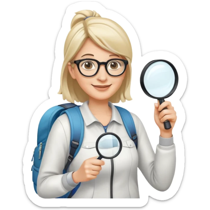 Happy woman in her 40s with glasses, sporty outfit, backpack, holding only one magnifying glass in one hand sticker