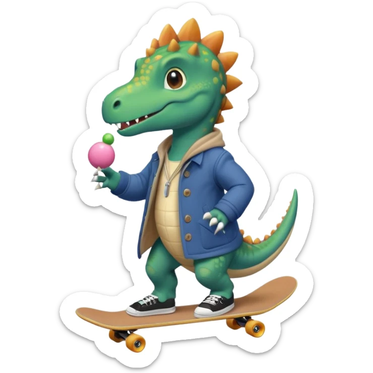 a dinosaur on a skateboard wearing a coat with sneakers in the bottom a cute pokie hairball on the top sticker