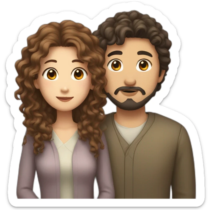 A white curly brown hair woman and a Japanese man with a little beard in love sticker
