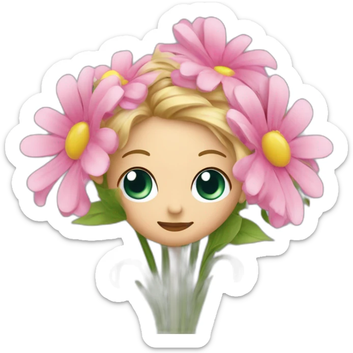 crée un emoji avec une tete de personnage avec des yeux festif et un énorme bouquet de fleur de mariage sticker