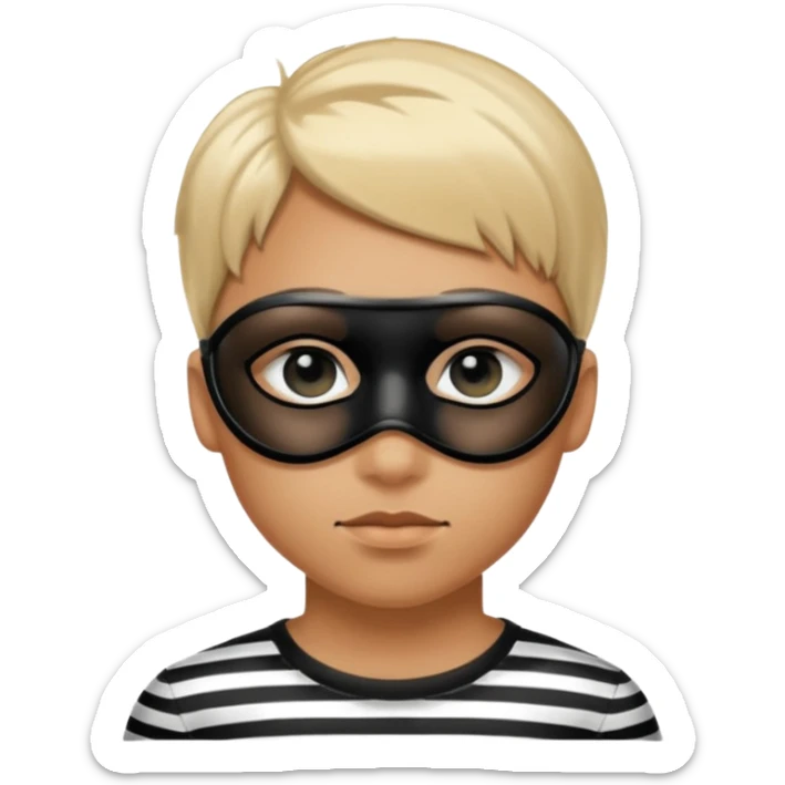 Realistic ios emoji-style portrait of a classic burglar, a black eye mask and a black-and-white striped shirt. Highly detailed, natural skin texture, soft cinematic lighting, realistic shadows, smooth gradients, clean outline, glossy reflections in the eyes.  sticker