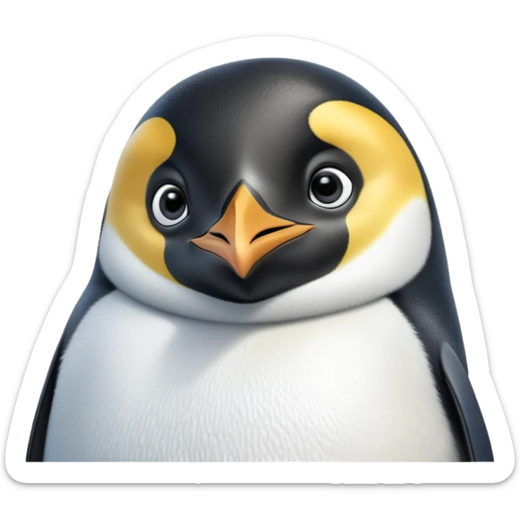 cinematic-adult-emperor-penguin-portrait-emoji,-head-tilted-playfully-and-inquisitively,-with-glossy,-pristine-plumage,-sparkling-eyes-filled-with-curiosity,-simplified-yet-irresistibly-adorable-features, black, large black eyes face sticker