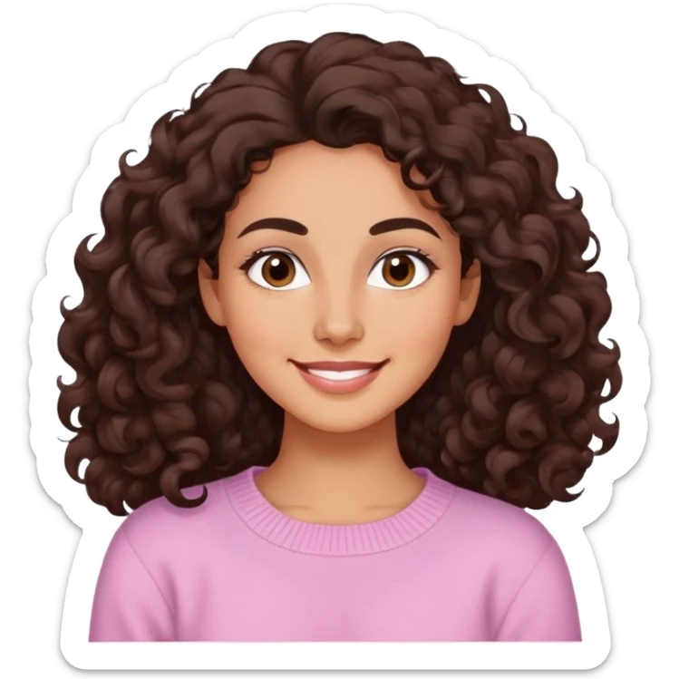 Mujer piel canela, cara ovalada, cejas definidas, pelo súper largo rizado marron oscuro, raya al lado. Sonrisa amplia, expresión suave-alegre. Sweater largo rosado claro. sticker