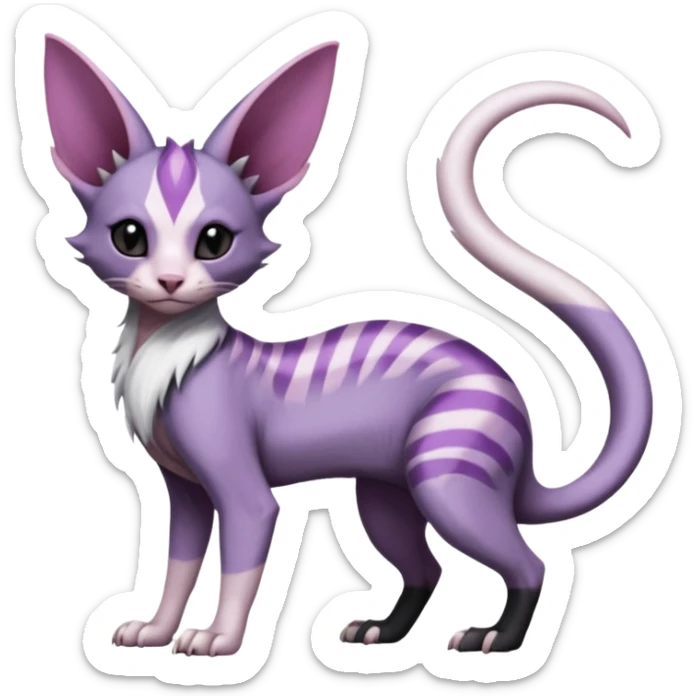 Purple, white, black, Minccino-Sphynx-Lykoi-Linoone-Zangoose-fusion-hybrid-animal-Fakémon-creature, full body, thin long sleek scaly tail, intricate markings sticker