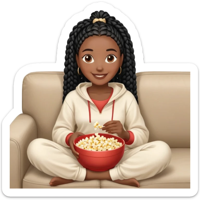 A dark-skinned Black woman with black box braids, holding a large bowl of popcorn in her lap, smiling, wearing comfy loungewear sitting on couch. sticker