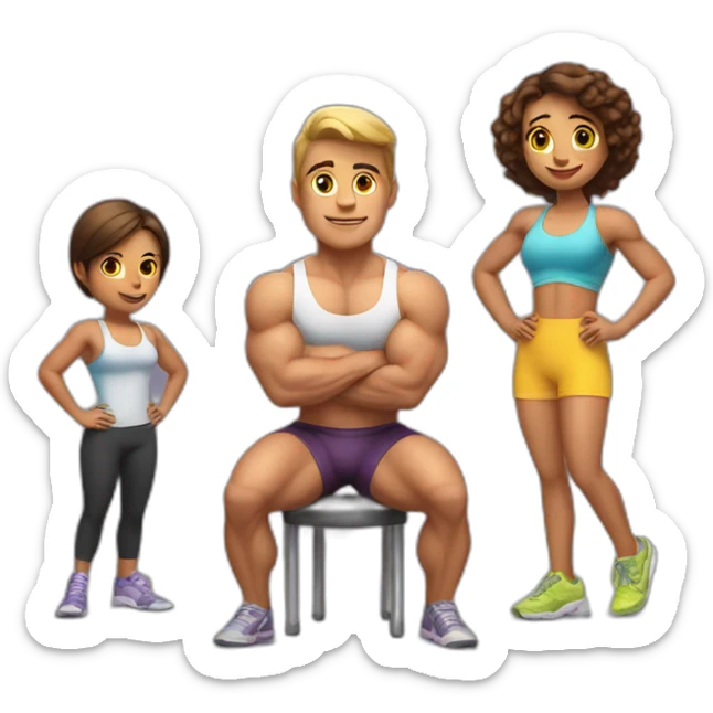 A short girl is sitting on a chair and two bodybuilders are standing behind her sticker