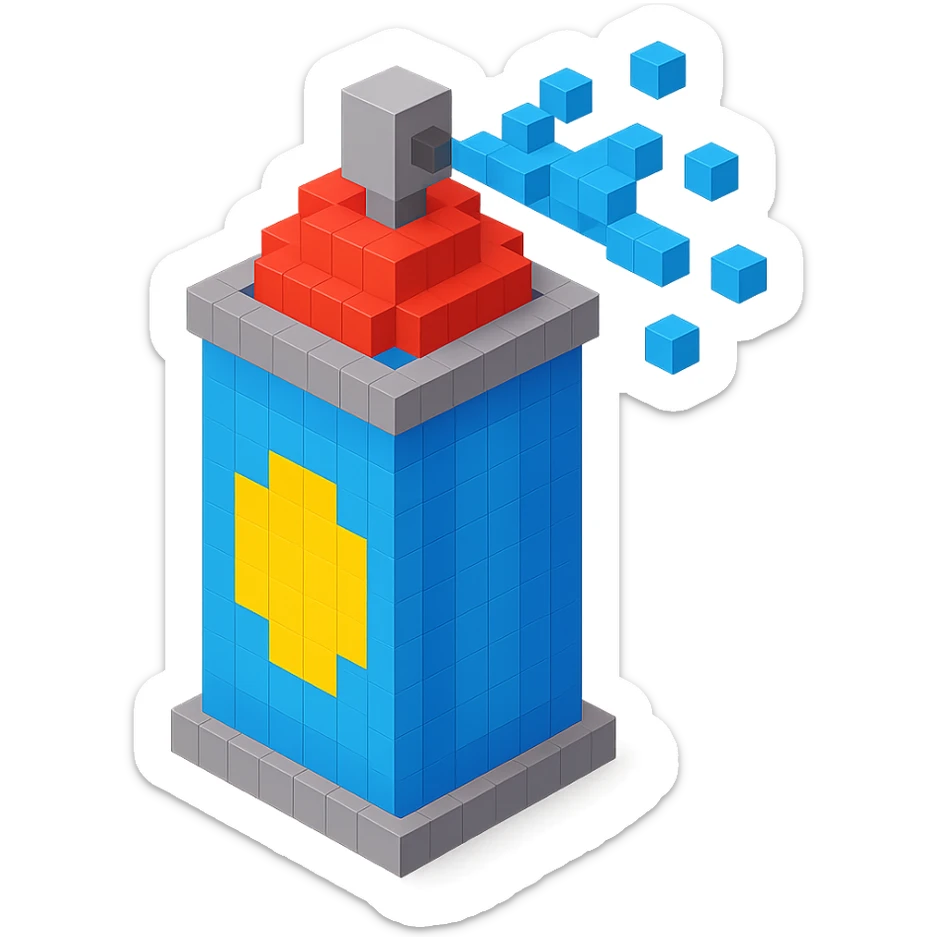 voxel style isometric spray paint can, blue color sticker