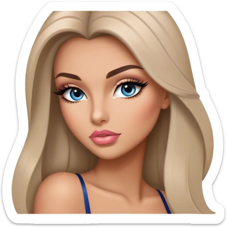 Glamours, tanned, very beautiful girl, with big pump peach-beige-rose lips, long long lashes, black straight smooth silky long hair, straight parting hair, blue-grey eyes sticker