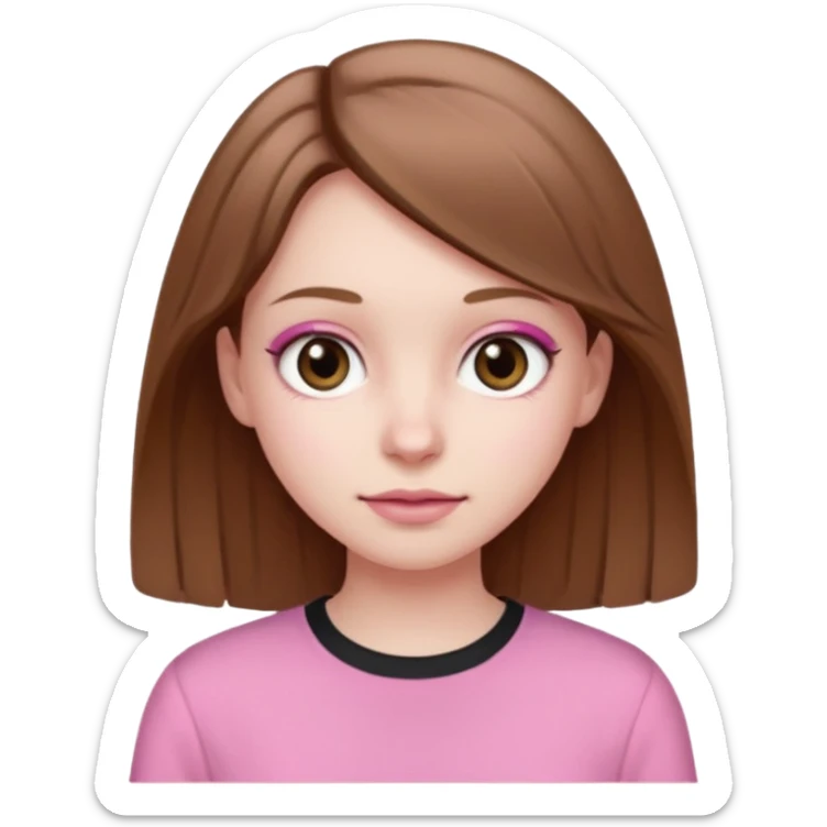 A girl with light brown hair and black brown eyes, she very likes pink sticker