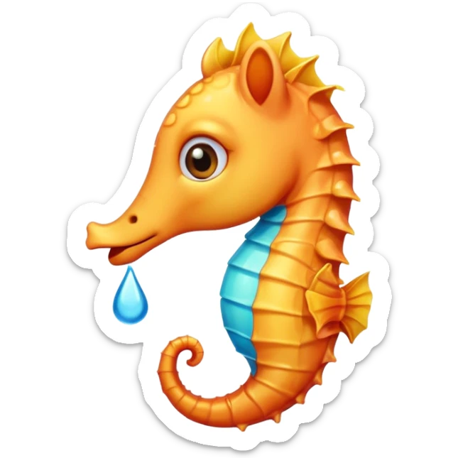 cute seahorse emoji crying with tears flowing from its eyes, sad facial expression, colorful and emotional style sticker