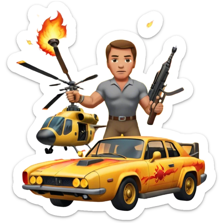 Icon for Action Movies: Arnold Schwarzenegger in the lead role, in an intense action pose with weapons, explosions, a car and helicopter flying out of flames in the background. The design should capture the explosive energy and heroism of classic action films. Transparent background. sticker
