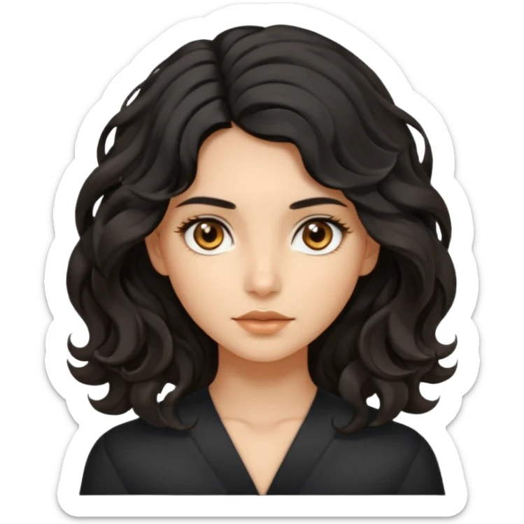 this avatar of girl has shoulder-length black wavy hair with loose curls framing the face, and a long, pointed face with golden-brown eyes and a calm, neutral expression. sticker