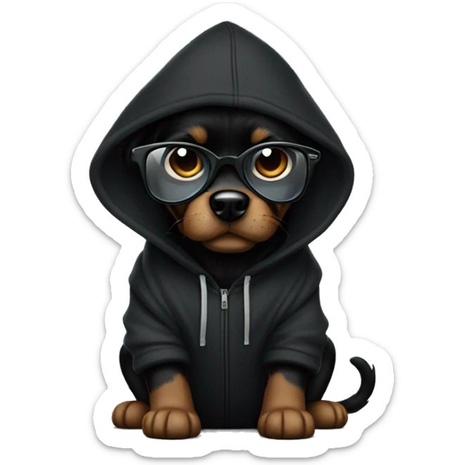 Black dog in black hoodie with oakley glass sticker