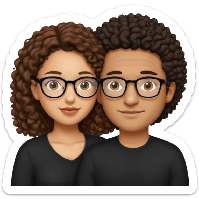 A mixed girl with glasses, the girl is wearing a black shirt, the girl has brown curly hair  and the girl has big boobs. A Mexican man is embracing her, with black bald hair sticker